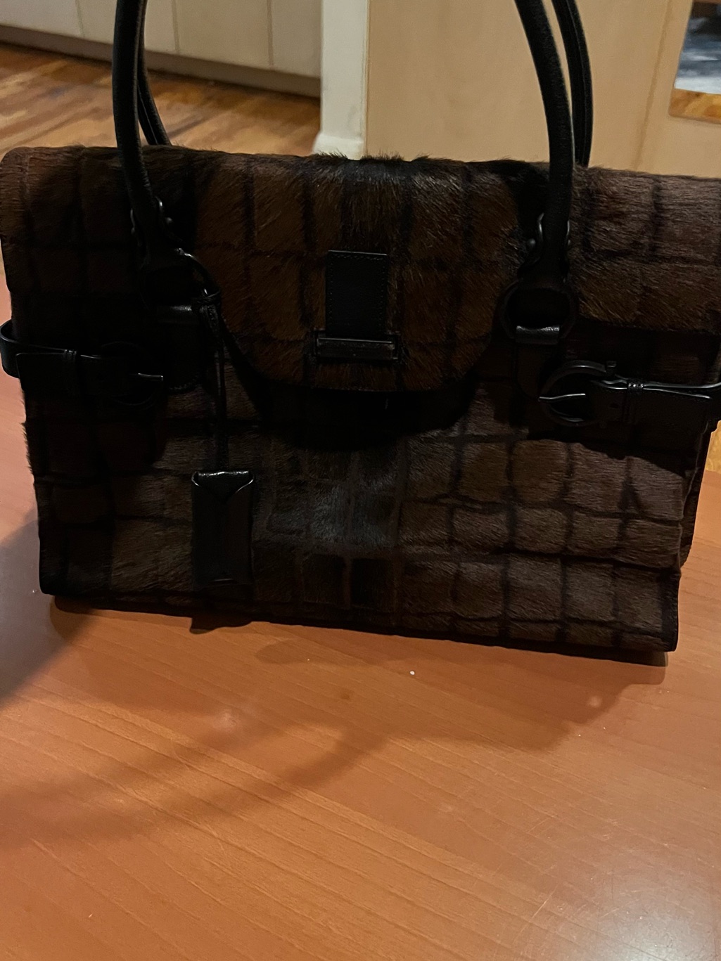 Salvatore Ferragamo Dark Brown And Black Textured Leather Top-Handle Bag